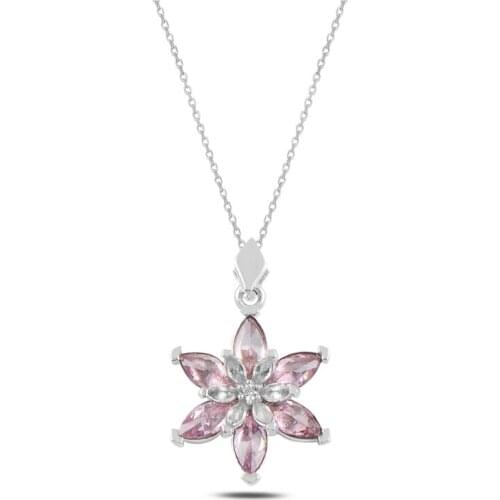 Silver 925 Sterling Lotus Blossom Pink Zircon Stone Necklace