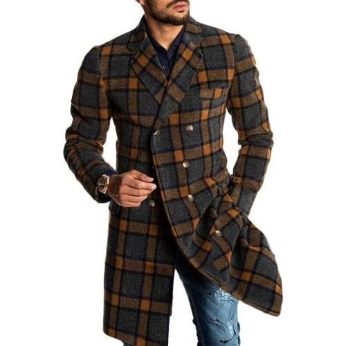 Woolen Men Coat Plus Size Windbreaker Handsome Brown Long Plaid Single-Breasted Warm Coat In Stock Hot Sale