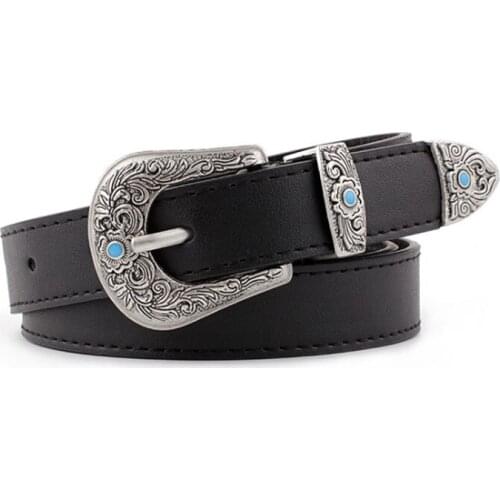 Vintage Adjustable Boho Western Belt Women Leather Belt Female Cowboy Carved Waist Belts for Ladies Jeans Dresses
