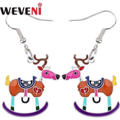 WEVENI Enamel Metal Christmas Deer Reindeer Earrings Drop Dangle Cartoon Animal Gift Jewelry For Women Girls Teens Charms Party