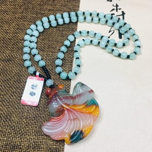 Zheru Jewelry Pure Natural Colorful Jade Carving Good Fortune Goldfish Pendant Three-color Yuzhu Necklace Send A-level certifica