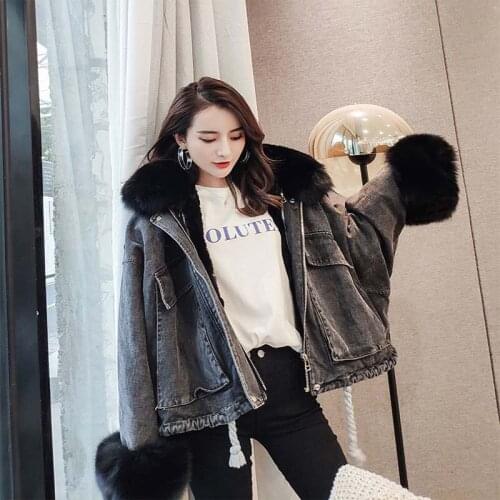2020 natural real fox fur collar outerwear rex rabbit fur lining warm clothing denim jacket women coat winter thick parka