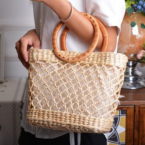 Handmade Hollow Womens Handbags Summer Woven Beach Bag Bohemian Straw Bag Designer Luxury Round Handle Totes Shopper Female Bag