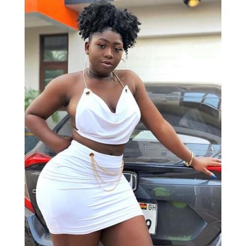 SKMY Two Piece Sets Women 2021 Summer Beach Vacation Sexy Hot Tops Bandage Halter Chains Bodycon Mini Skirts Dress Suits Party