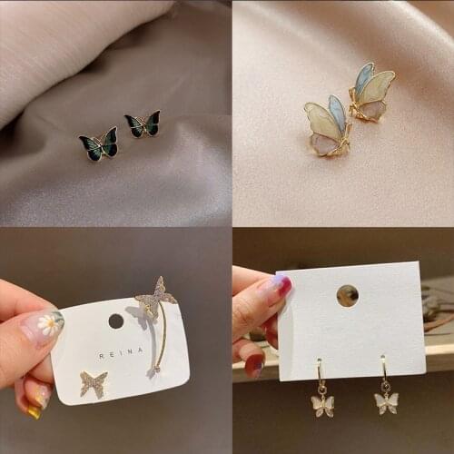 2021 Lovely Gold Color Alloy Crystal Butterfly Earring-Stud Fashion Shell Enamel Animal Earring Jewelry Gifts for Women