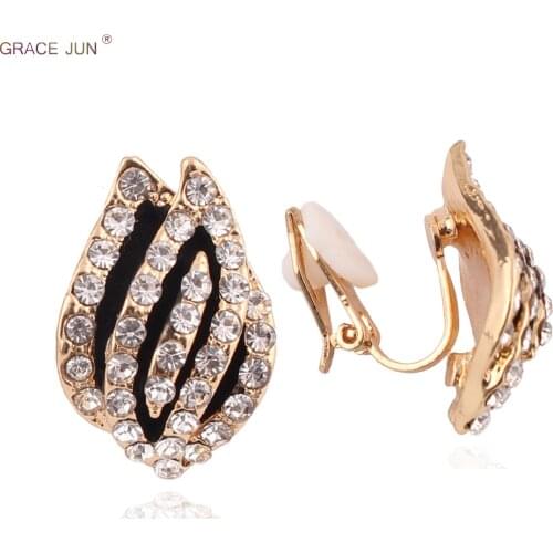 GRACE JUN New Arrival Gold Black Color Flame Shape Clip on Earrings Without Pierced for Women No Ear Hole Earrings
