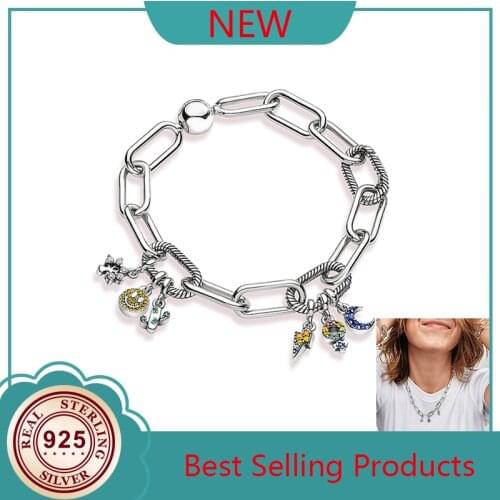 New 100% 925 Sterling Silver Me Series Smile Cactus Moon Flower Lucky Pan Bracelet For Women Wedding Party Gift Fashion Jewelry