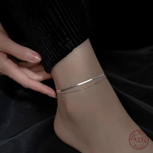 WANTME 925 Sterling Silver Simple Fashion Double Snake Bone Bean Charm Anklet for Women Beach Charming Feet Jewelry Accessories