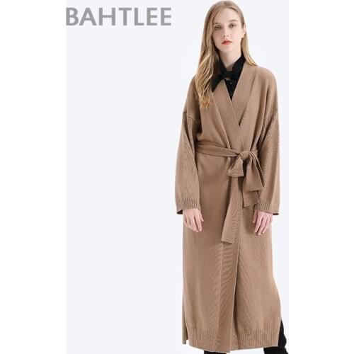 BAHTLEE Women Cashmere Coat With Belt V-Neck Cardian Sweater Autumn Winter Wool Knitted Long Sleeves Jumper Loose coat