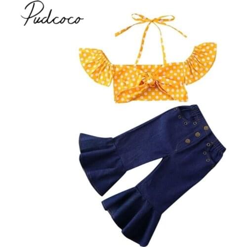 2020 Baby Summer Clothing Toddler Kids Baby Girl Off-Shoulder Crop Tops Denim Flared Pants Leggings 2Pcs Outfit Clothes