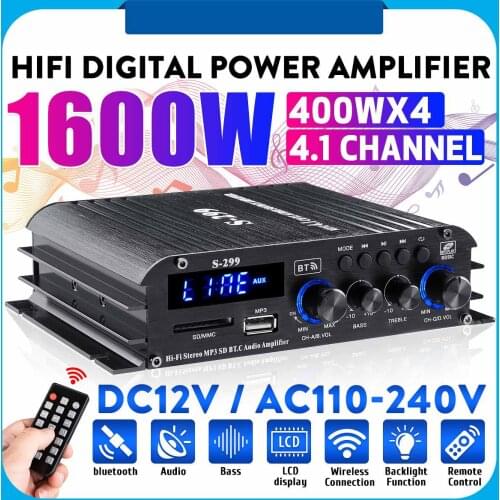 4*400W 4.1CH Digital HIFI bluetooth Power Amplifier Car/Home Theater Power Audio Amplificador Speaker Bass Control USB/SD AUX