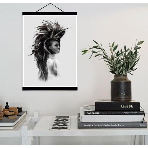 Black White Female Portraits Indian Hair Feather Girl Wooden Framed Canvas Painting Wall Art Print Pictures Poster Hanger