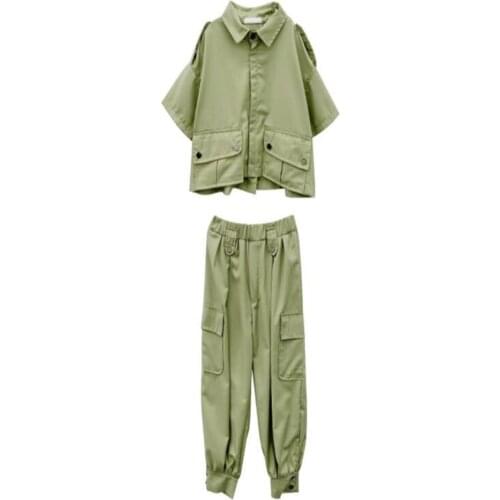 Cultiseed Girls Summer Turn Down Collar Short Sleeve Coat+Pockets Long Pant 2pc Sets Clothing Children Kids Loose Casual Suits