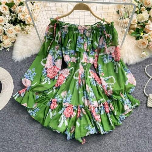 Casual Holiday Style Slash Neck Ruffled Chiffon Floral Prints Jumpsuits Loose Wide Leg Short Summer Playsuit