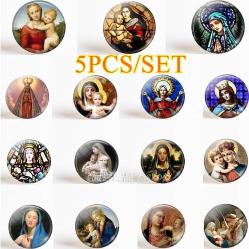 5PCS/SET Virgin Mary and Baby Jesus Christian Catholicism Blessed Mother Religious Art Glass Dome Pendant Making Jewelry