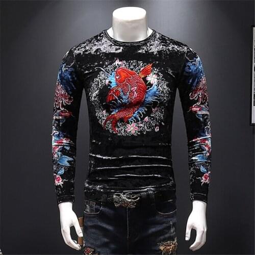 Top quality New Mens Long sleeve Plush and Thickened Golden Velvet T-shirt with Long Printed by Chinese style