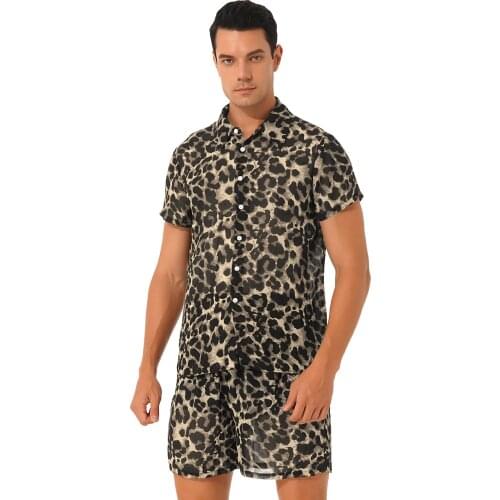 Men Sexy Leopard Print See-through Set Summer Beach Wear Short Sleeve Button Shirt Shorts Casual Home 2 Piece Outfits Club Rave