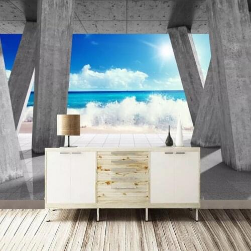 Custom Mural Wallpaper Modern 3D Stereoscopic Space Stone Pillar Seaside Waves Sunlight Seascape Bedroom Photo Wall Paper Decor