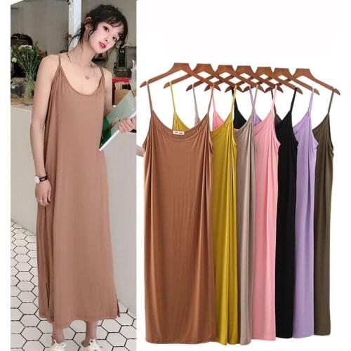 Modal Sexy Spaghetti Strap Basic Nightgown Nightie Long Lady Home Dress Summer Sleepwear Sleeveless Night Shirt Loose Nightwear