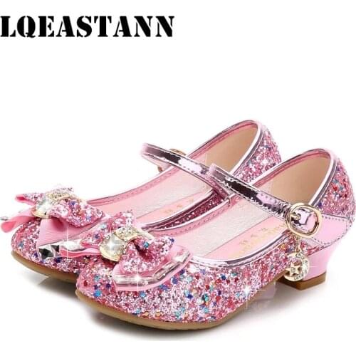 2020 New Princess Childrens Leather Shoes Casual Glitter Girl High Heels Childrens Dance Single Shoes Bow Blue Pink Silver