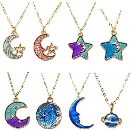 Cute Girls Moon and Star Tiny Pendant Necklace For Women Enamel Crescent Planet Galaxy Choker Female Jewelry Party Gift