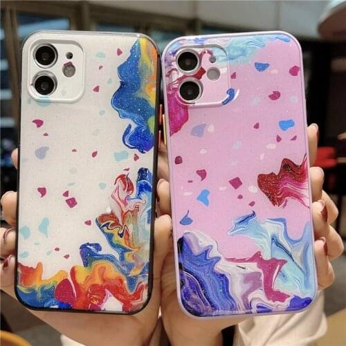 Luxury Watercolor Glitter Case For iPhone 11 Pro 12 Mini X XR Xs Max SE 2020 Liquid Silicone Bumper On 7 8 Plus Shockproof Cover