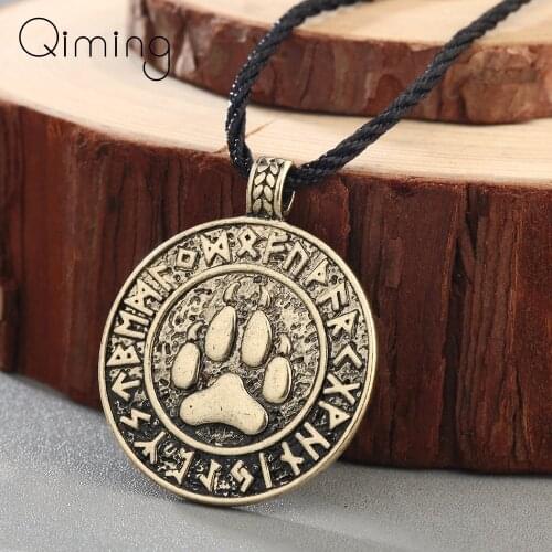 Runes Bear Print Amulet Unisex Necklace Women The Norse Bear Print Rune Pendants Necklaces Nordic Talisman Paw Collier