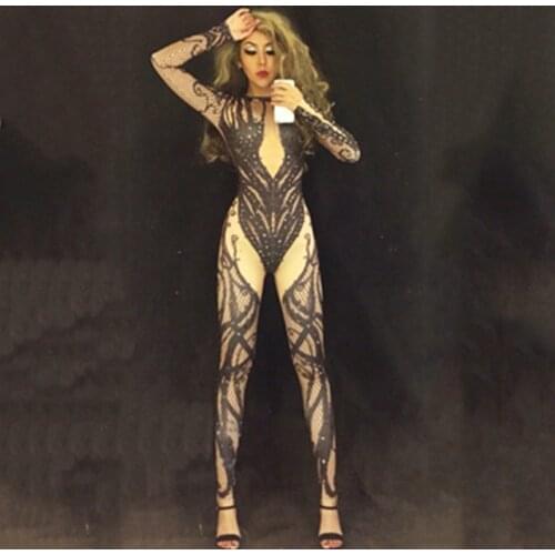 Sexy Black Nude Rhinestone Jumpsuit Sexy Nightclub Bar Wear Stones Bodysuit Prom Celebrate Outfit Performance Costumes DNV12888