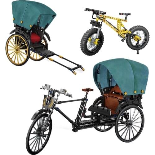 Old Shanghai Rickshaw MOC Building Blocks Nostalgia Car Mountain Tandem Bicycle Creator Bricks Toys for Children Boys Gift