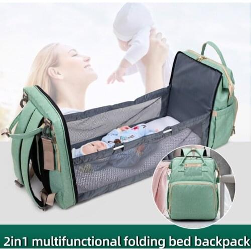Large Capacity Shoulder Mommy Bag 2in1 Multifunctional Diaper Bag Backpack Portable Folding Crib Bags Waterproof Stylish Pack