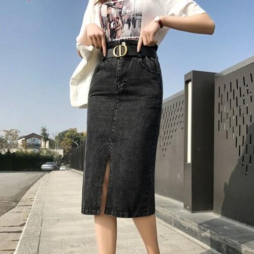 2021 New Summer Women Long Blue Denim Skirt High Elastic Waist With Belt Black Slit A Line Jeans Skirts Streetwear Saia Jeans