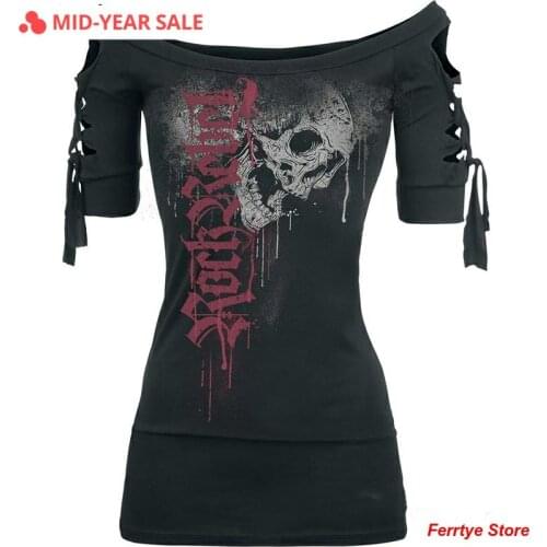 S-5XL Plus Size Black Skull Halloween Lace Up Blackless New T-shirt Women Graphic Tees Off The Shoulder Tops for Lady