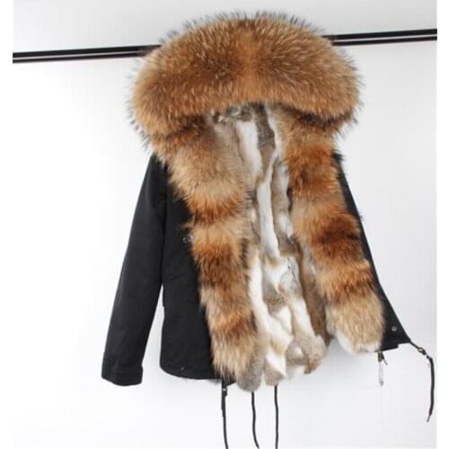MaoMaoKong Women Large Raccoon Fur Collar Real Raccoon Fur Parka Detachable Jacket Real Rabbit Fur Liner Black Winter Coat