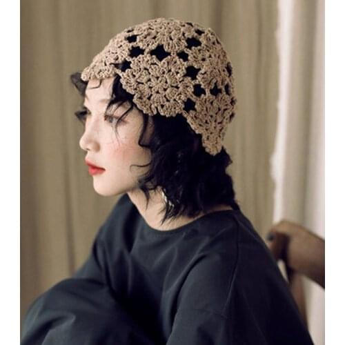 Womens fashion outdoor travel hat spring and autumn knitted hat handmade crochet hollow breathable woolen hat