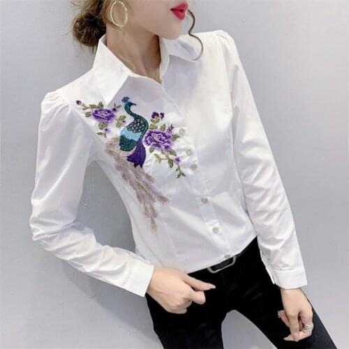 Peacock Embroidery Women White Shirts Summer Vintage Slim Fashion Oversized Lady Elegant Outwear Tops