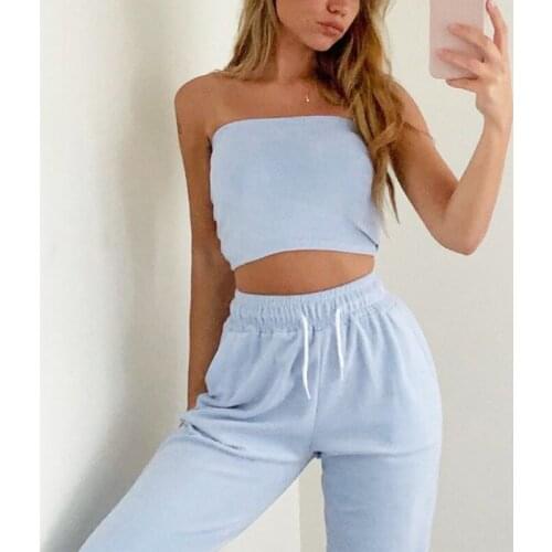 Womens Two Piece Sets Tracksuit Tube Tops High Waist Drawstring Pants Female Sportswear 2021 Summer Casual Tracksuits Set