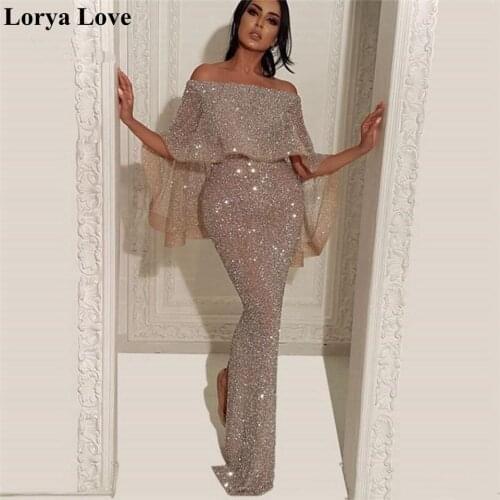 Sparkle Champagne Elegant Mermaid Formal Evening Dress 2020 Boat Neck Robe De Soiree Sequins Prom Gowns Long Sexy Shiny Dresses