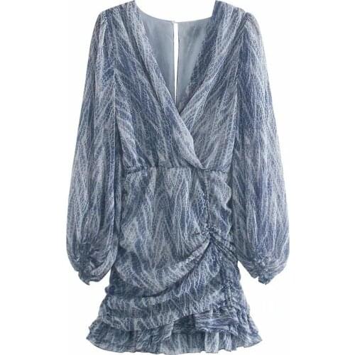 Za Women Chic Fashion Animal Print Asymmetric Draped Mini Dress Vintage Long Sleeve Ruffled Female Dresses Mujer