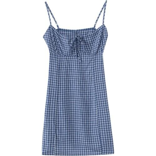 PUWD Y2K Sweet Girl Slim Blue Plaid Dress 2021 Summer Fashion Ladies Bow Sleeveless Dresses Vintage Women Chic Streetwear Dress