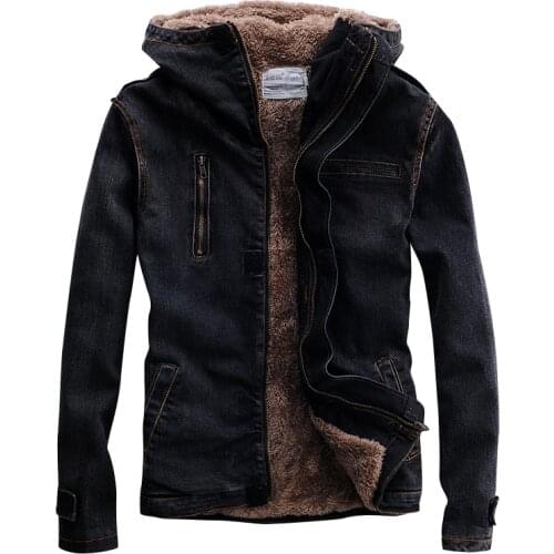 TANG 2019 For MaleWinter Denim Jacket Hooded Fur Lined Black Motorcycle Biker Style Designer Fleece Thicken Warm Jean Coat