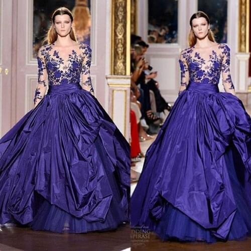 2021 Evening Dresses Sheer Neck Long Sleeve Lace Appliques Prom Gowns Tiered Skirts Formal Ball Gown Runway Fashion Dress