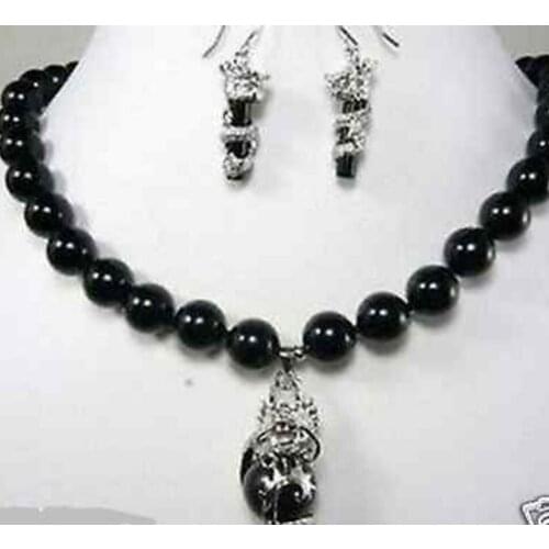 Free Shipping Fashion beautiful 10mm black jade dragon earring pendant Necklace set Fashion Wedding Party Jewellery