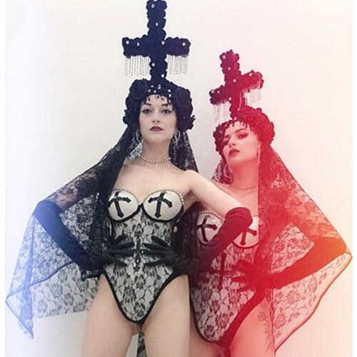Halloween Party Nightclub Gogo Performance Clothing Black Christ Cross Headdress Sexy Lace Bodysuit Women Stage Costume VDB3197
