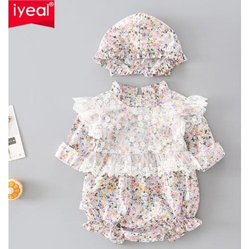 IYEAL Princess Baby Girl Romper With Hat Cotton Long Sleeve Lace Floral Jumpsuit Children Newborn Baby Outfit for Birthday Gifts