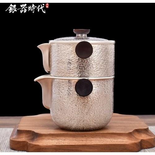 Ag999 Sterling Silver Teapot Hand-Forged Portable Kitchen Utensils Built-in Filter Handmade Coffee Tea Pot