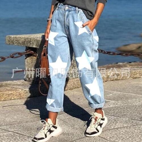 Five-pointed Star Print Jeans Women Loose Straight Trouser Vintage Streetwear Denim Pants Mom Jean Femme Pantalones De Mujer New