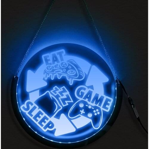 Eat Sleep Game LED Round Hanging Sign Gaming Time Gamepad Electric Display Sign Lighting Decor Art Perfect Gift For Gamers