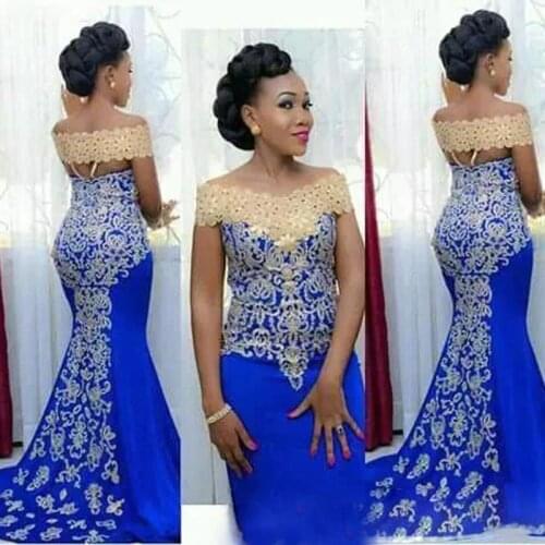 Elegant Aso Ebi Style Long Evening Gowns 2018 Mermaid Gold Embroidery Floor Length African Women Formal Prom Gowns Plus Size