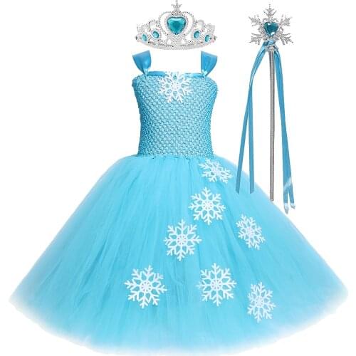 Blue Elsa Princess Dresses For Girls Kids Long Tutu Dress New Year Costume Girl Snow Queen Cosplay Costumes