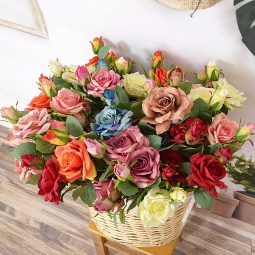 Artificial Flowers Retro Silk Rose Flower Bride Bouquet Vintage Wedding Decoration Festival Party Home DIY Wreath Gift Box Decor